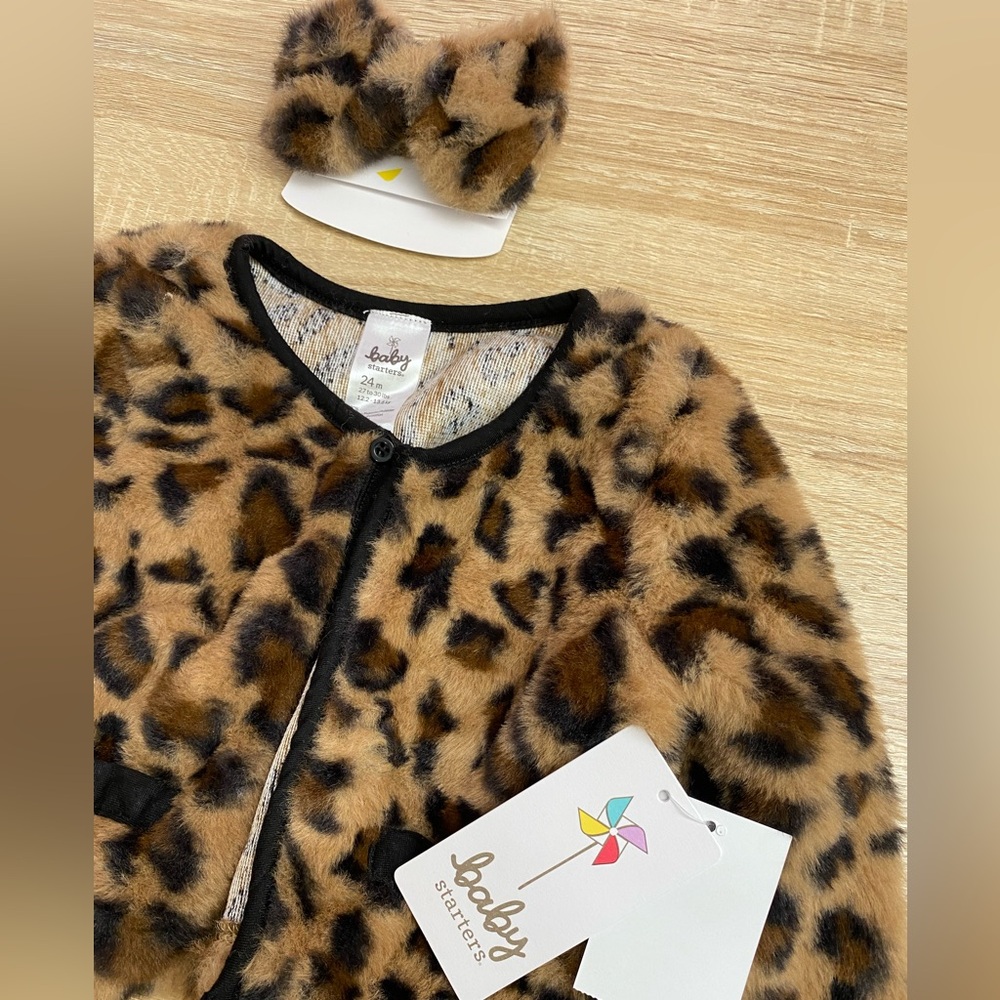 New-Baby Girls Leopard Print Faux Fur Cardigan & Headband 
24m